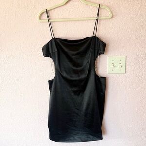 Meshki Y2K mcbling black satin mini dress with rhinestone cut outs